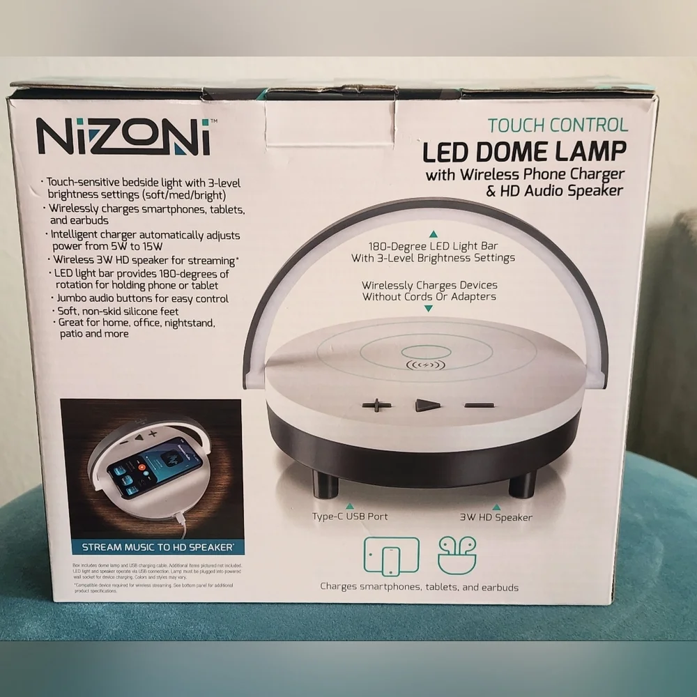 Nizoni LED DOME LAMP w/wireless Phone Charger & HD Audio Speaker